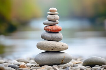 Stacked smooth pebbles on a riverbank, symbolizing balance and zen. Ideal for themes of tranquility, nature, and meditation.
