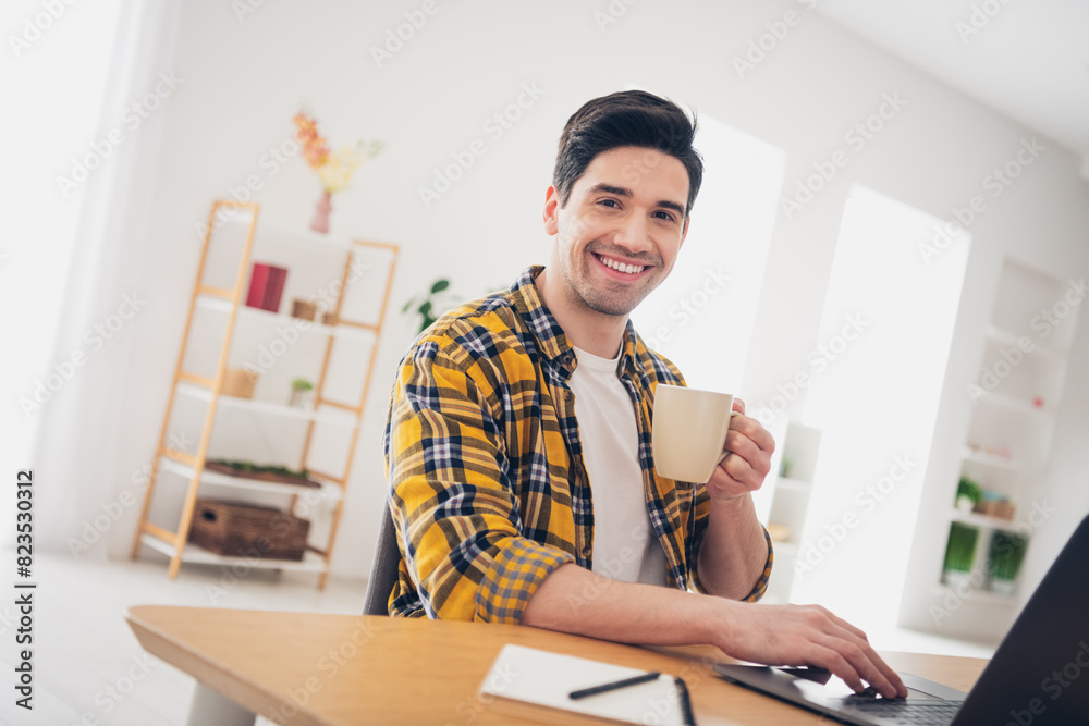 Sticker Photo of handsome cheerful guy dressed plaid shirt enjoying beverage remote education modern gadget indoors room home house