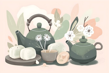 Green teapot with floral decoration and mochi sweets on light background