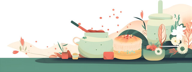 Assorted Japanese desserts and drinks illustration on green background