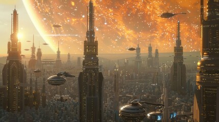 A futuristic cityscape, with towering skyscrapers and flying vehicles against a backdrop of a...