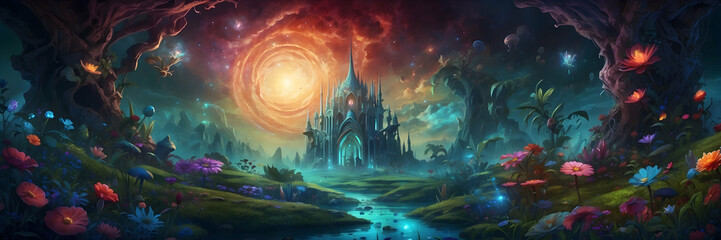 A enchanting fantasy landscape featuring a magical castle, vibrant flora, and a whimsical atmosphere