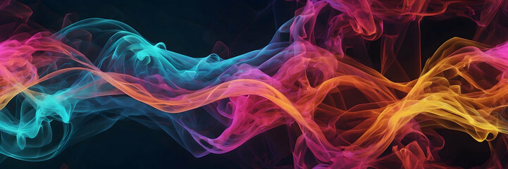 Obraz premium Vivid trails of smoke in a rainbow of colors against a dark background, creating a sense of ethereal movement