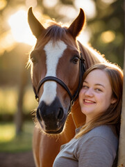 Obraz premium Heartwarming bond between young woman with Down syndrome and horse. Experience of the power of equine therapy during beautiful summer day.