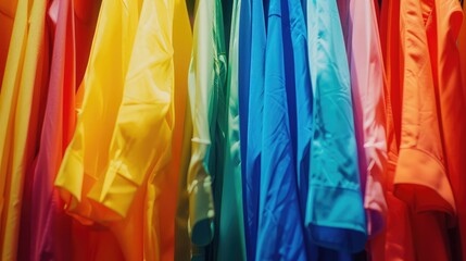 Clothing on hanger at the modern shop boutique, Bright multi-colored fabrics, concept of shopping ,colorful textile background texture with rain bow color, t-shirt on hangers background

