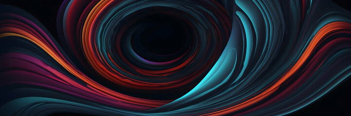 A modern image featuring a dynamic swirl of colorful abstract lines on a dark background, creating a sense of motion