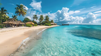 Fototapeta premium A beautiful tropical beach with white sand, palm trees and thatched huts on the shore. A crystalclear turquoise sea lines up along one side of the sandy expanse. 
