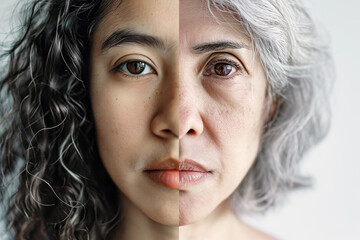 Split face of young and old latin american woman showing aging concept