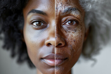Split face of young and old African american woman showing aging concept