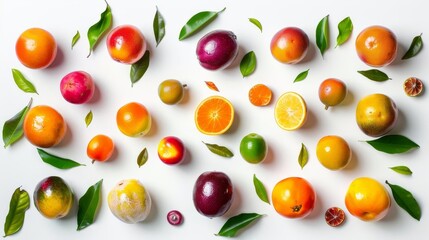 A vibrant assortment of fresh citrus fruits and leaves arranged on a white background, showcasing their colorful and natural beauty.