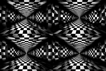 Abstract black and white checkered tunnel with vanishing point