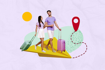 Composite photo collage of happy girl guy stand paper plane flight route destination gps icon vacation summer isolated on painted background