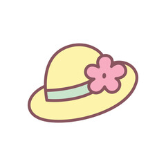 Cute summer hat icon. Hand drawn illustration of a woman's beach headgear decorated with a green ribbon and a flower isolated on a white background. Kawaii sticker. Vector 10 EPS.