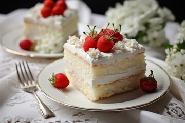 Delicious layered strawberry shortcake on a porcelain plate adorned with fresh berries and flowers