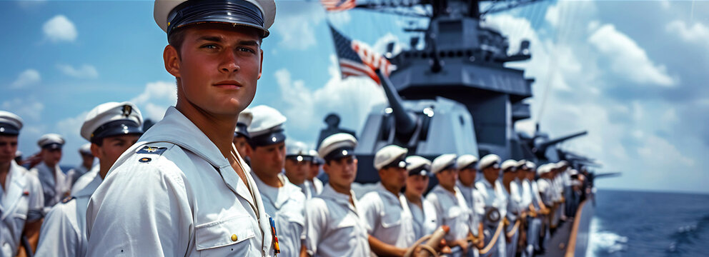 Proud naval officer leading a ceremonial flag-raising on the deck of a warship, with fellow sailors standing in formation to honor the stars and stripes on Independence Day.