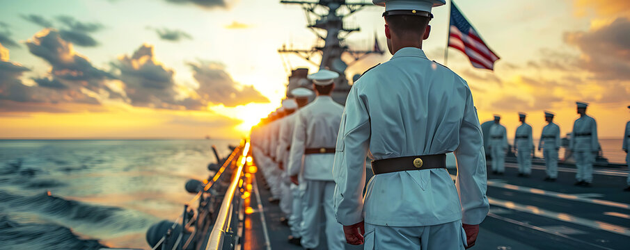 Proud naval officer leading a ceremonial flag-raising on the deck of a warship, with fellow sailors standing in formation to honor the stars and stripes on Independence Day.