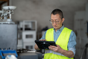 person working with tablet in workshop
