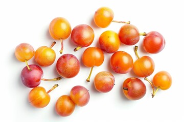 Top view of fresh ripe cherries with vibrant orange and red hues isolated on white background, showcasing their natural beauty and color gradient.