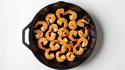 A round cast iron pan against a solid white backdrop, ready for sizzling shrimp.
