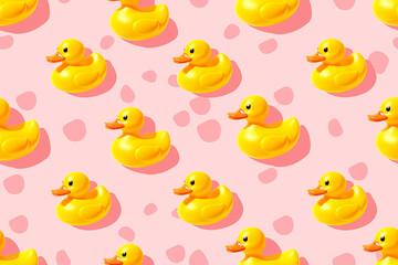 Seamless pattern of yellow rubber ducks on a pink background, creating a playful and whimsical design