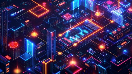 Obraz premium Colorful futuristic cityscape with neon lights, glowing buildings, and vibrant geometric shapes representing modern technology and innovation.