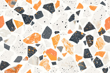 Terrazzo pattern with orange, black, and white fragments on a light background, ideal for modern and stylish decoration and designs