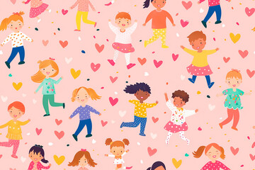 Fototapeta premium Seamless pattern featuring cute children playing on a pink background with heart shapes, perfect for playful and cheerful decoration and designs