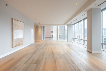 An elegant, minimalist yoga studio characterized by its simplicity and clean lines. The room has a muted color palette of soft grays and whites, with seamless, sleek wooden flooring. 