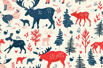 Seamless woodland animal pattern with moose, deer, foxes, and trees in blue, red, and pink on a beige background, perfect for rustic decoration and nature-themed designs