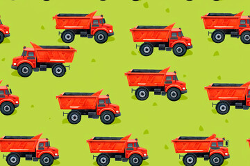 Seamless pattern with red dump trucks on a green background, perfect for kids' decoration and playful designs