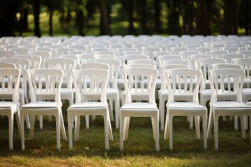 Elegant white chairs set up for an outdoor event in a lush green park
