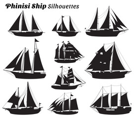 Collection of illustrations of phinisi ship silhouettes