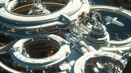 A futuristic space station, with massive rotating rings and docking bays for spacecraft.