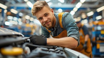 Smiling auto mechanic working on a car engine in a workshop
