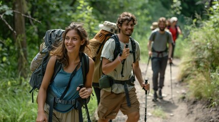 Four people are walking on a dirt path in the woods. They are all wearing backpacks and carrying hiking poles. The two women are in front, and the two men are behind them. 