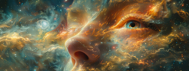 Human face opens to universe of stars and galaxies
