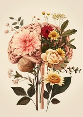 Artistic illustration of a human brain with flowers growing from it.