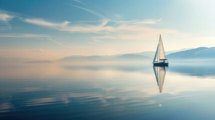 A lone sailboat drifting peacefully on a calm, glassy lake. - Powered by Adobe