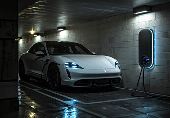 Modern electric sports car is charging in garage with charging station
