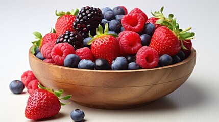 Obraz premium wooden bowl overflowing with a variety of freshly picked berries, 