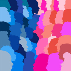 Obraz premium Silhouette profile vector. Crowd of multinational people and different cultures. Sociology.