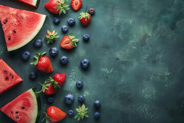 Fresh watermelon slices, strawberry and blueberry on a dark green background. Summer background.