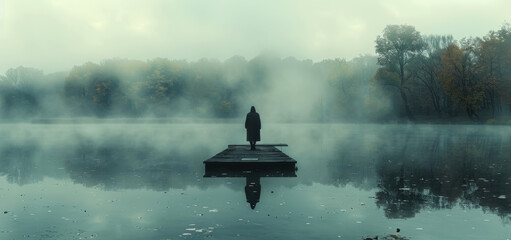 Man stands on wooden pier on the lake in the fog. Self reflection in the water. Autumn landscape. Lake with mysterious fog and man on the pier - Powered by Adobe