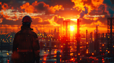 Fototapeta premium Oil worker at industrial plant and refinery silhouette at sunset time industrial landscape petrochemical plant at the night sky at sunset