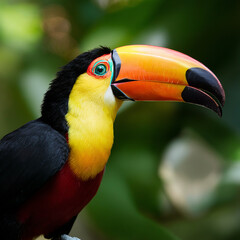 Selective focus shot of a toucan standing on a tree branch