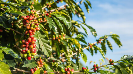 Fototapeta premium Red and green coffee beans growing on tree. Robusta and arabica coffee berries.