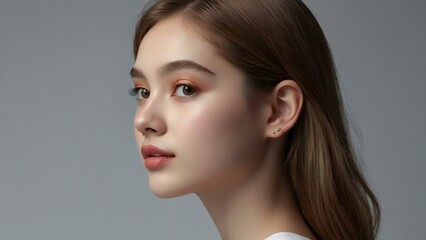 Fototapeta premium Natural Beauty: Portrait of a Young Woman - A side portrait of a young woman against a simple background, highlighting her natural beauty and gentle expression.