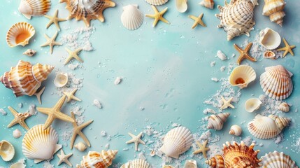 Elegant mockup with assorted seashells and starfish on a blue backdrop