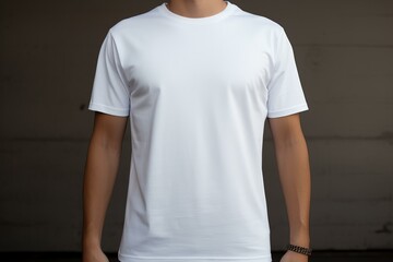 Close-up of an unbranded white t-shirt on a man, ideal for product mockups and branding