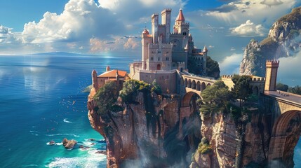 A magical castle perched on a cliff overlooking a vast ocean.